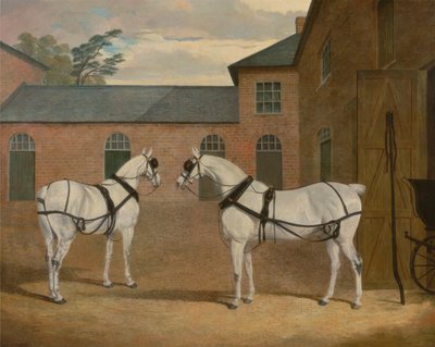 Grey Carriage Horses in the Coachyard at Putteridge Bury, Hertfordshire by John F. Herring